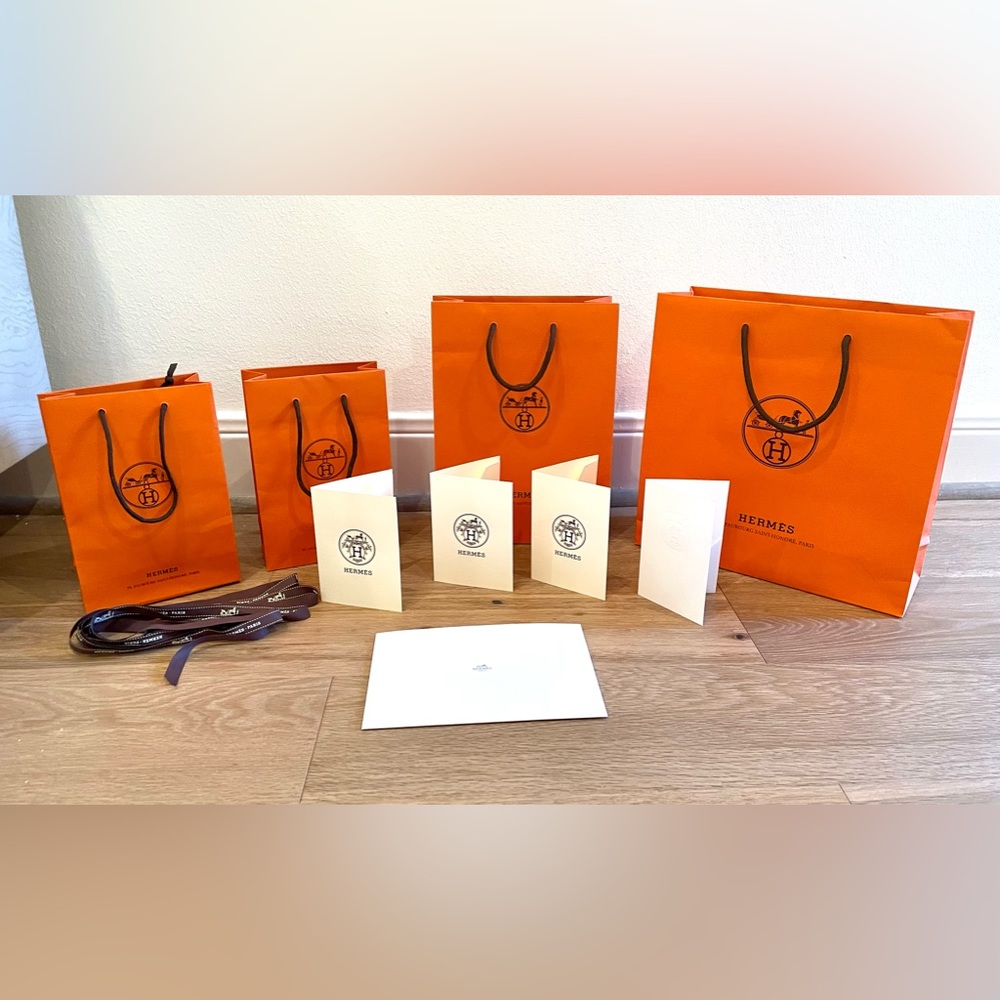 4 New Hermes Orange Paper Bag with Ribbon and Receipt Holder